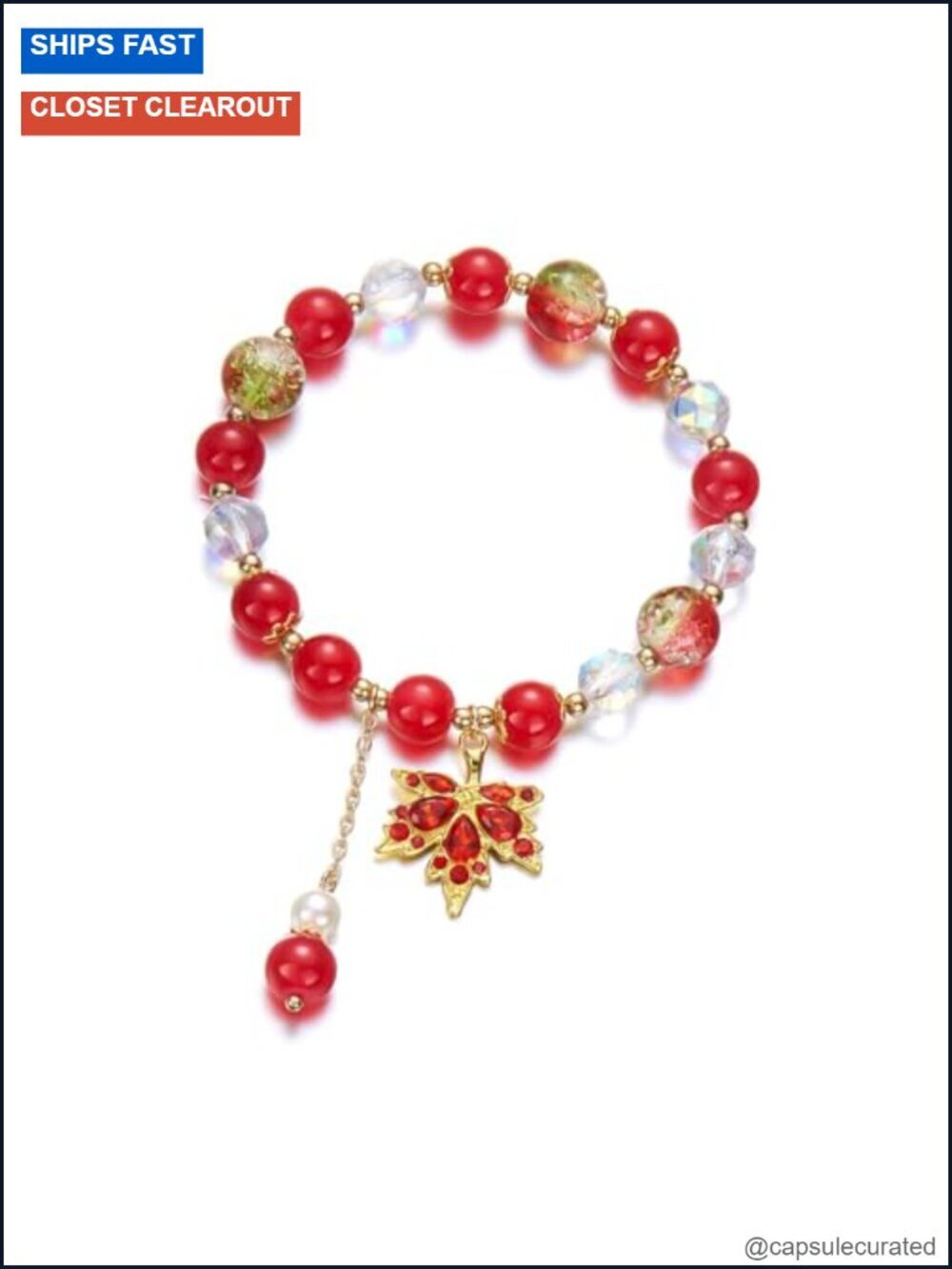 Red Beaded Crystal Maple Leaf Stretch Bracelet Autumn Jewelry Gift